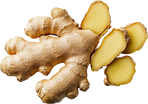 Fresh ginger root with sliced pieces