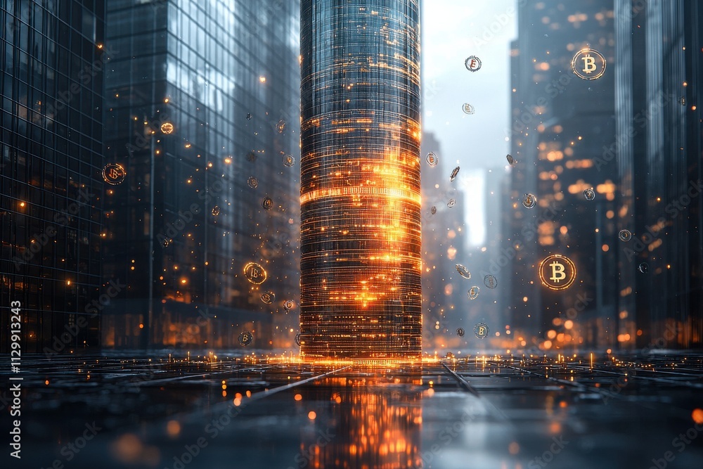 Poster innovative blockchain transactions urban cityscape digital visualization futuristic environment aeri