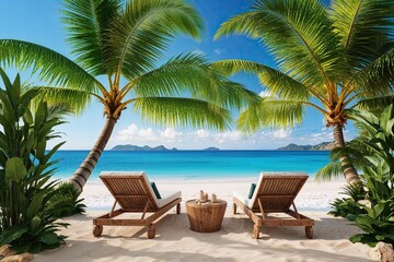 Tropical Beach Retreat with Lifelike Exotic Palm Fronds in a Serene Paradise