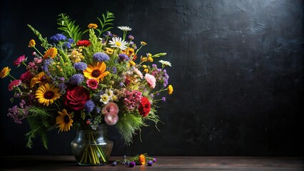 Fototapeta premium Vibrant Summer Bouquet in a Clear Glass Vase Against a Dark Background