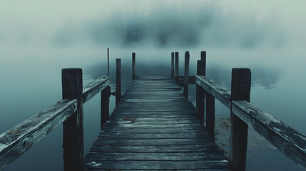 Fototapeta premium A serene wooden pier extends into a foggy lake, evoking tranquility and mystery.