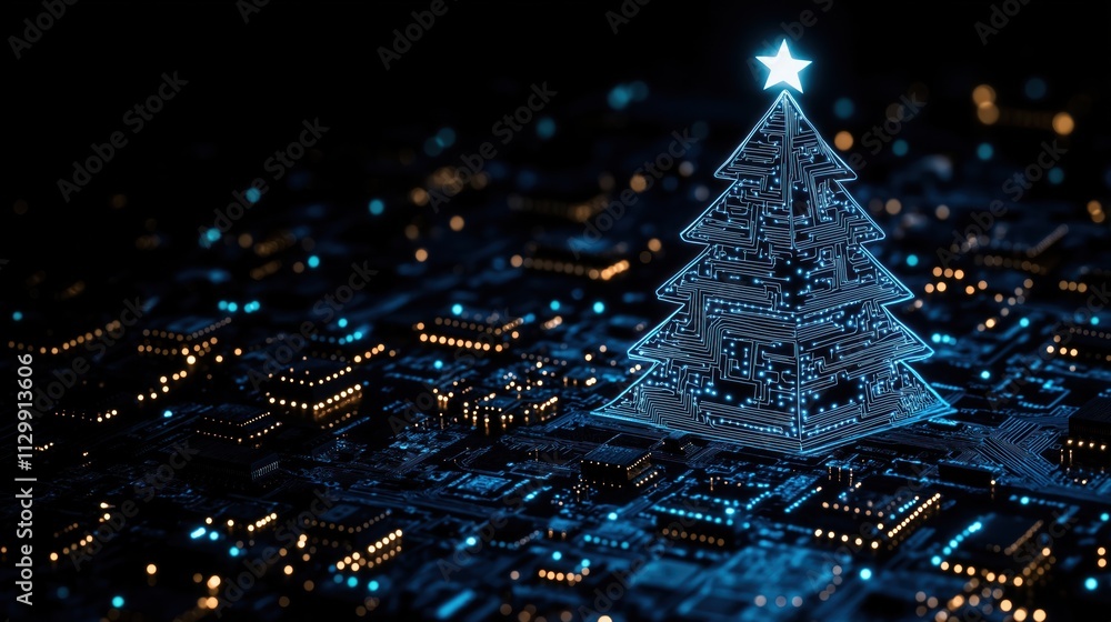 Poster abstract tech christmas tree design. luminous blue circuit board tree shape on dark tech background.