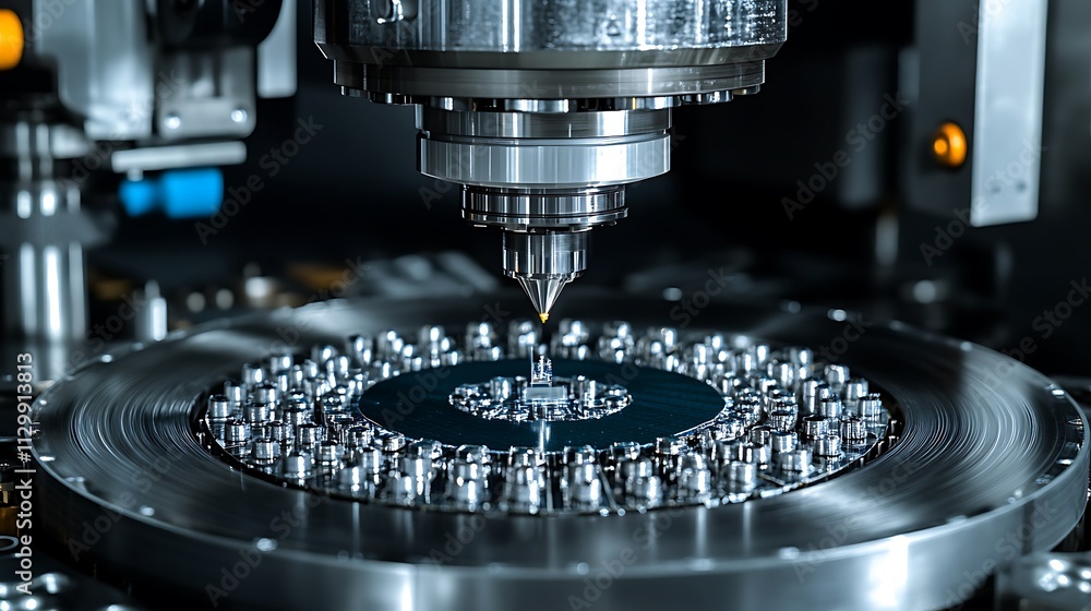 Poster close-up of a precision robotic arm assembling microchips on a silicon wafer during high-tech manufa