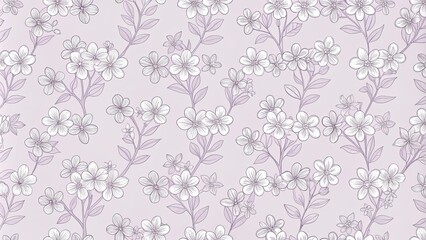 Fototapeta premium Delicate Lavender Floral Pattern Seamless Botanical Illustration Featuring Clusters of Small Flowers and Leaves on a Soft Background