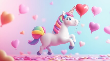 Rainbow Unicorn Soaring with Heart Balloons: A Whimsical Valentine's Day Fantasy