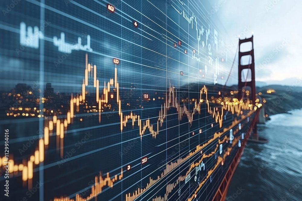 Aufkleber dynamic stock market analysis with glowing graphs and symbols in an urban setting aerial view financ