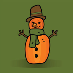 A combination of a snowman character and a pumpkin wearing a scarf and hat, isolated on a dark green background. A cheerful flat design, perfect for winter and Halloween themes