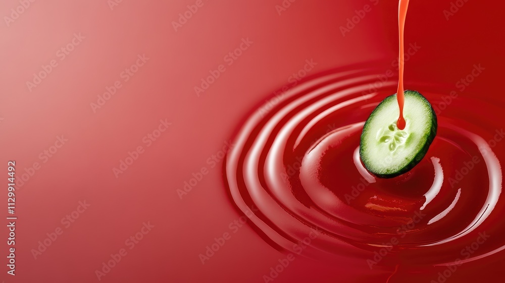 Poster cucumber slice falling into red liquid, creating ripples