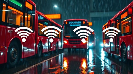 Electric buses featuring Wi-Fi symbols, symbolizing autonomous connectivity and the future of smart transportation.

