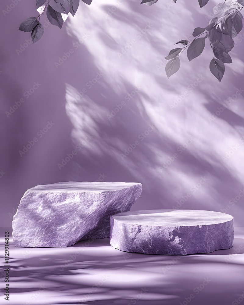 Poster a serene, minimalistic scene featuring purple stone-like objects and soft shadows.