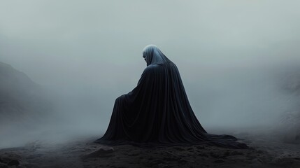 Spectral figure sits in foggy landscape. Dark robes drape figure. Mysterious and contemplative mood. Mortality concept. Suitable for book covers, fantasy, or spiritual themes.