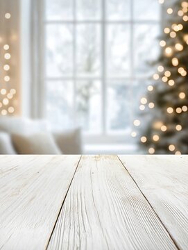 Empty white wooden table in cozy living room. Blurred background displays Christmas tree with warm string lights and snowy window. Ideal for product display during holiday season.