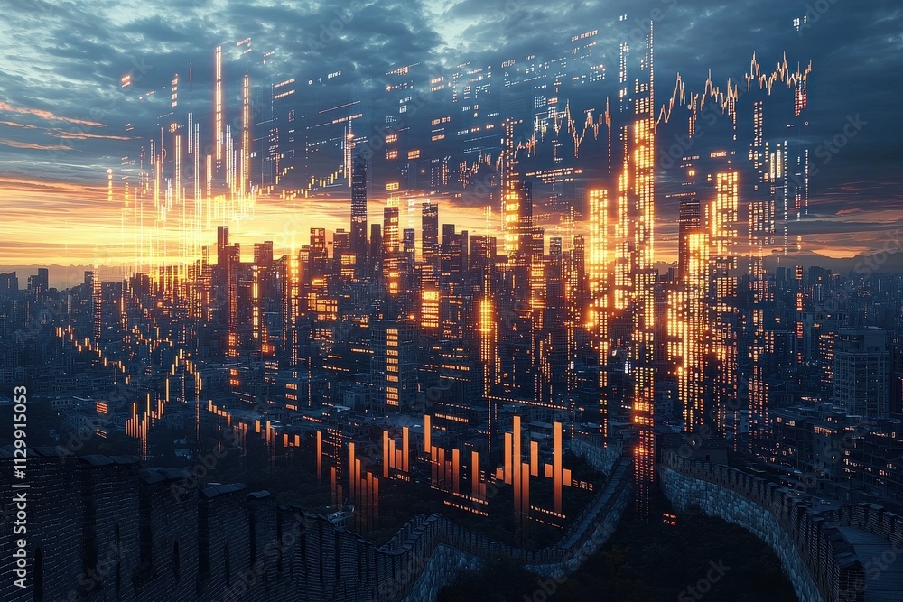 Poster dynamic blockchain economic growth digital cityscape data visualization futuristic environment aeria