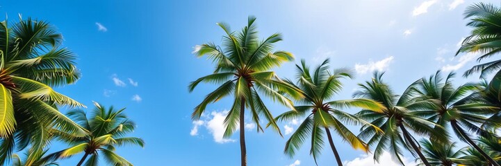 Obraz premium Looking up at tall coconut palm trees against a clear blue sky backdrop with fluffy white clouds, green, clouds