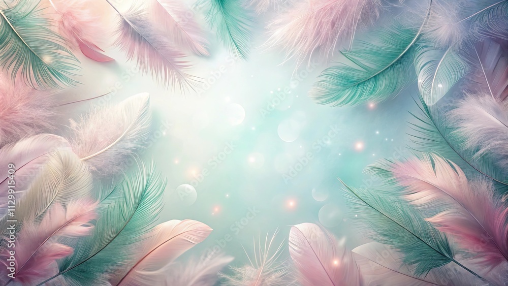 Poster ethereal pastel feathers float on a soft, dreamy background, creating a delicate and serene scene.