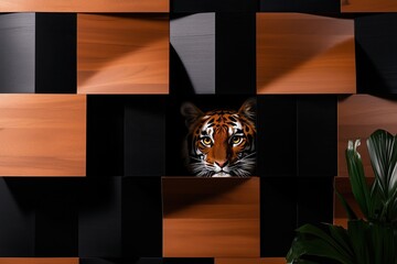 Abstract composition featuring a Bengal tiger face among geometric wooden and black panels