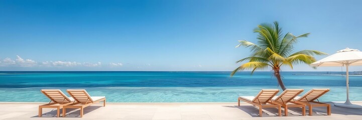 Obraz premium Luxurious beach scene with white loungers overlooking crystal clear sea, relaxation, summer