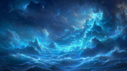 Glowing blue cloudscape at night, stars, celestial.