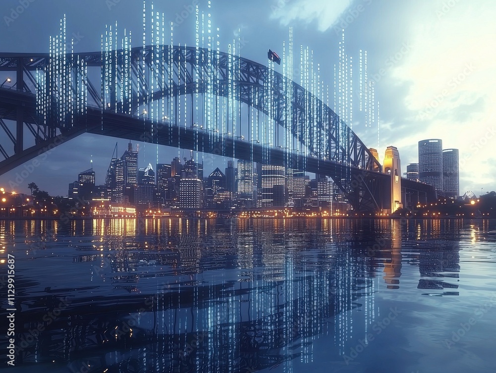 Poster exploring secure blockchain ecosystems in digital economic data sydney's futuristic cityscape at dus