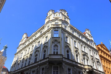 Fototapeta premium Street view of old historic buildings in Prague Czech (Praha, Czechia)