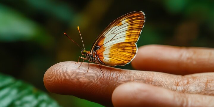 Closeup of Orange Butterfly on Fingertip Nature Wildlife Insect Macro Photography