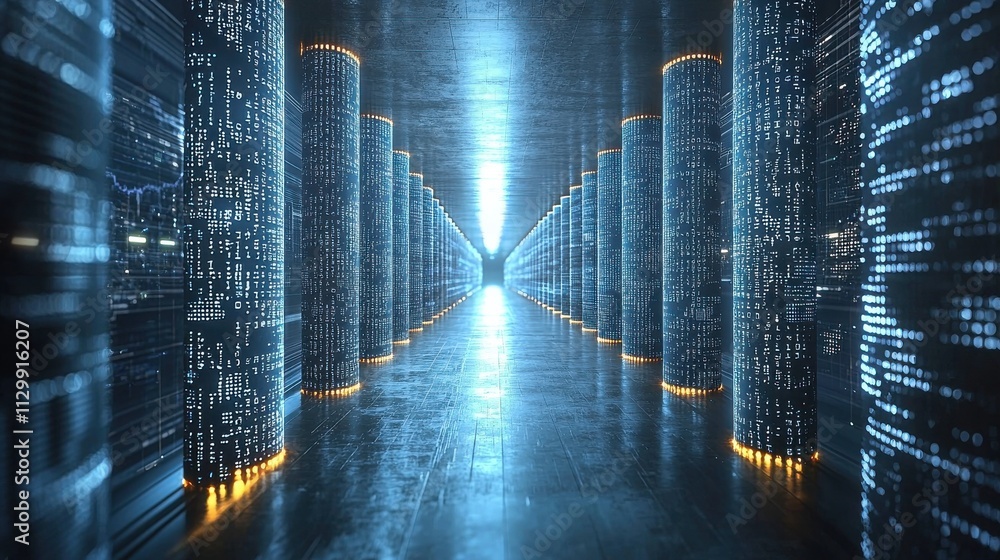 Poster exploring secure blockchain ecosystems a high-tech data center with futuristic design and advanced t