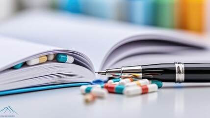 Open books, pen, pills on white surface, blurred background