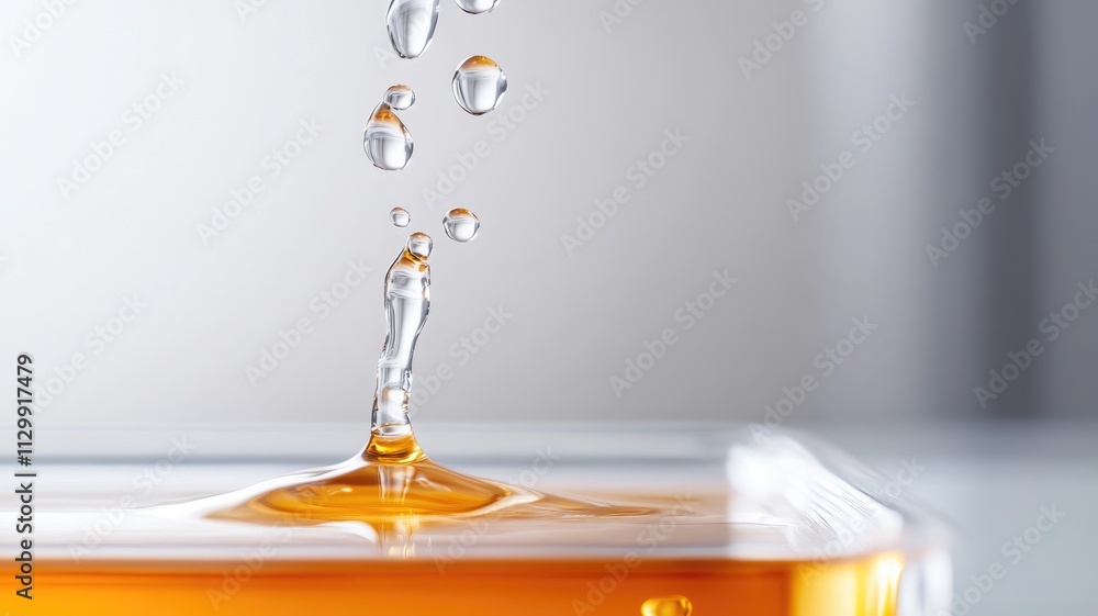 Poster close-up of liquid splash with rising droplets in shallow container