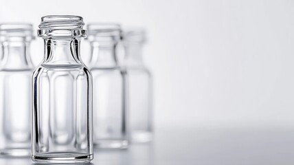 Clear glass bottles on reflective surface with white background