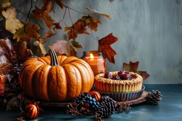 banner- greeting- invitation- card for Thanksgiving Day and Autumn decoration concept...autumn leaves and pumpkin and pumpkin pie on dark background. realistic still life. autumn- nature photography.