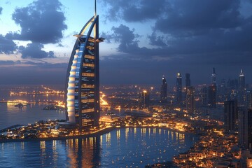 Obraz premium Innovative blockchain solutions for secure ecosystems in dubai's iconic architecture a nighttime perspective