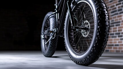 Close-up of black fat tire bike on concrete floor, brick wall background