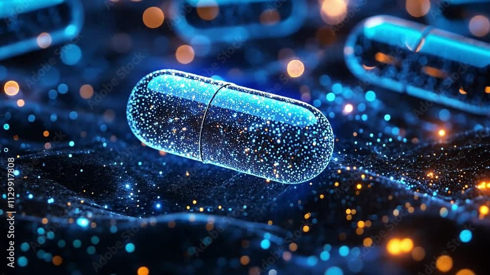 Poster shimmering blue capsules floating in a sea of glowing particles in a digital abstract environment