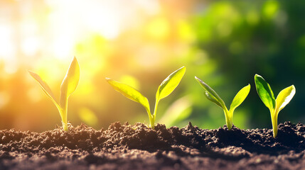 Green shoots sprouting under warm sunlight in lush garden