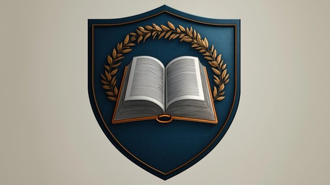 School shield logo with open book, laurel wreath. Academic symbol for knowledge, success. Stylish design for educational institution. Suitable for school, college, university. Design projects involve