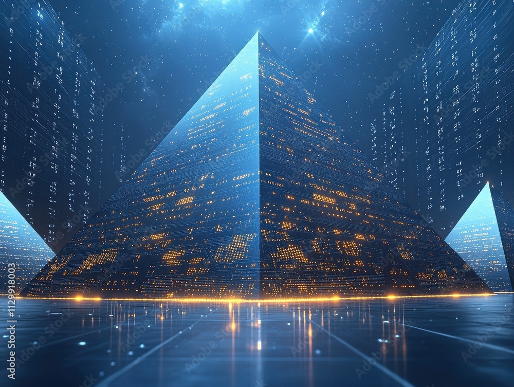Poster exploring secure blockchain ecosystems decentralized innovations in a futuristic digital environment