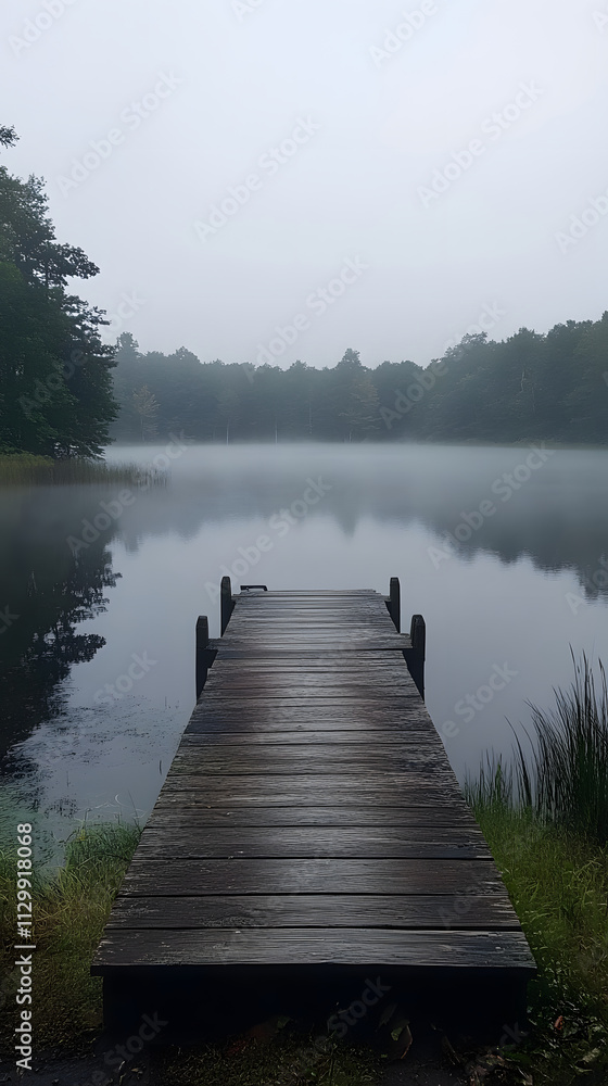 Aufkleber a tranquil dock extending into a misty lake surrounded by trees, creating a serene atmosphere.