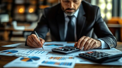 Government employee reviews public spending data using financial reports, charts. Analysis involves calculating costs, using statistical data. Employee in formal attire. Business scene with