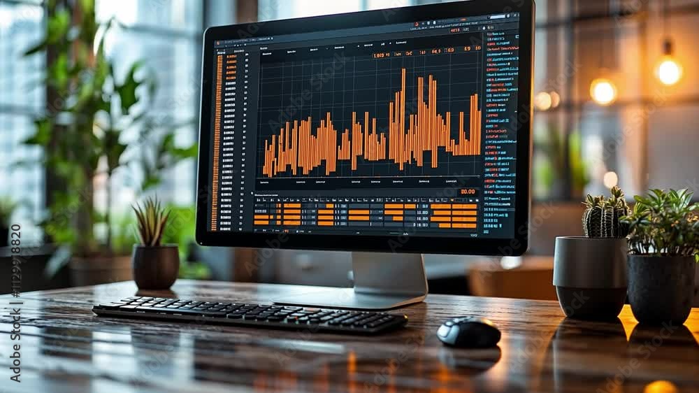 Poster data analysis dashboard displaying vibrant graphs with ornamental plants in a modern office space
