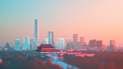 Fototapeta premium Futurism, city, The architectural style is a combination of Chinese architecture and skyscrapers, There is the Forbidden City 