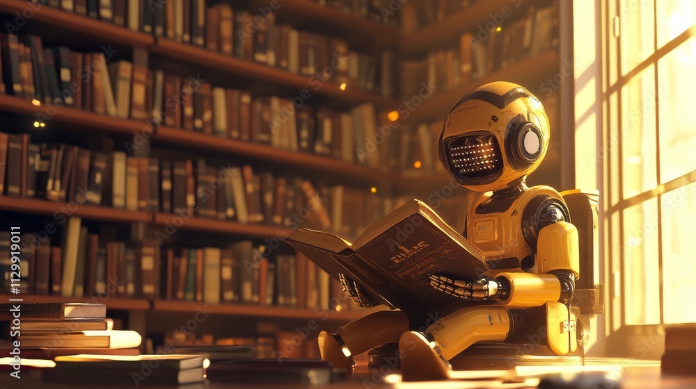 Poster a small, yellow robot is seated, engrossed in reading a book within a warmly lit library, creating a