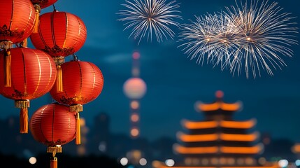 Obraz premium A clean white-style image of A festive scene of fireworks bursting over a Chinese temple. 