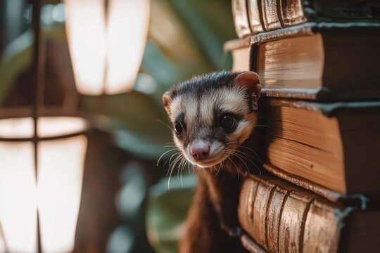 Curious ferret peeking out from stacked books cozy library artistic pet impressions warm indoor setting close-up perspective