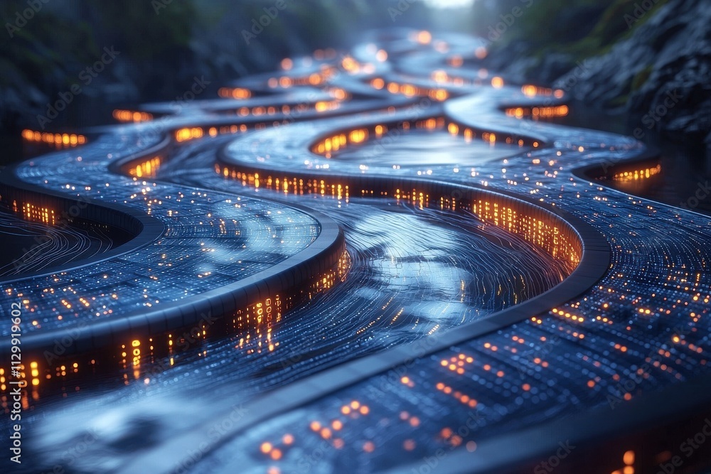 Poster dynamic digital river of light virtual landscape technology concept futuristic environment artistic 