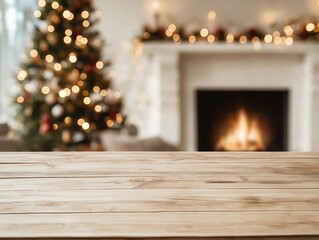 Empty wooden table displays warm living room decor. Christmas tree, fireplace in blurry background...