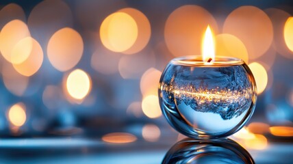 Glowing candle in glass holder with warm light bokeh background