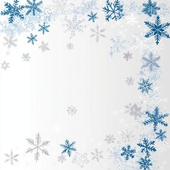 Abstract winter border with blue, silver snowflakes. Design for Christmas banner cover. Hand drawn graphic. Suitable for holiday branding. Ideal for social media posts website design. Winter theme.
