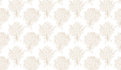 Pattern of beige floral bouquets on white background. Elegant flowers seamless pattern with bow.