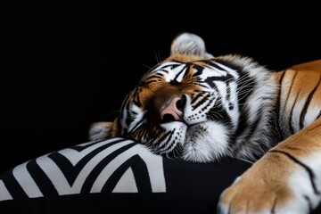 Tiger peacefully sleeping on a patterned pillow