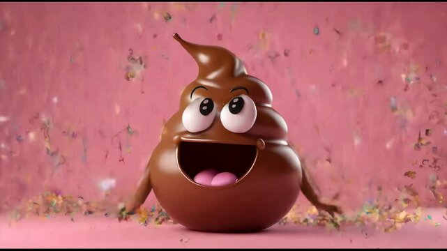 Image of a poop with a face on a pink background. Artificial intelligence. 